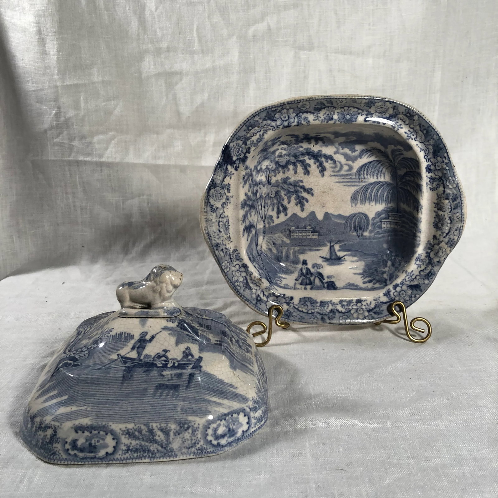 Antique Staffordshire Blue and White Transferware Covered Dish Bowl - 7
