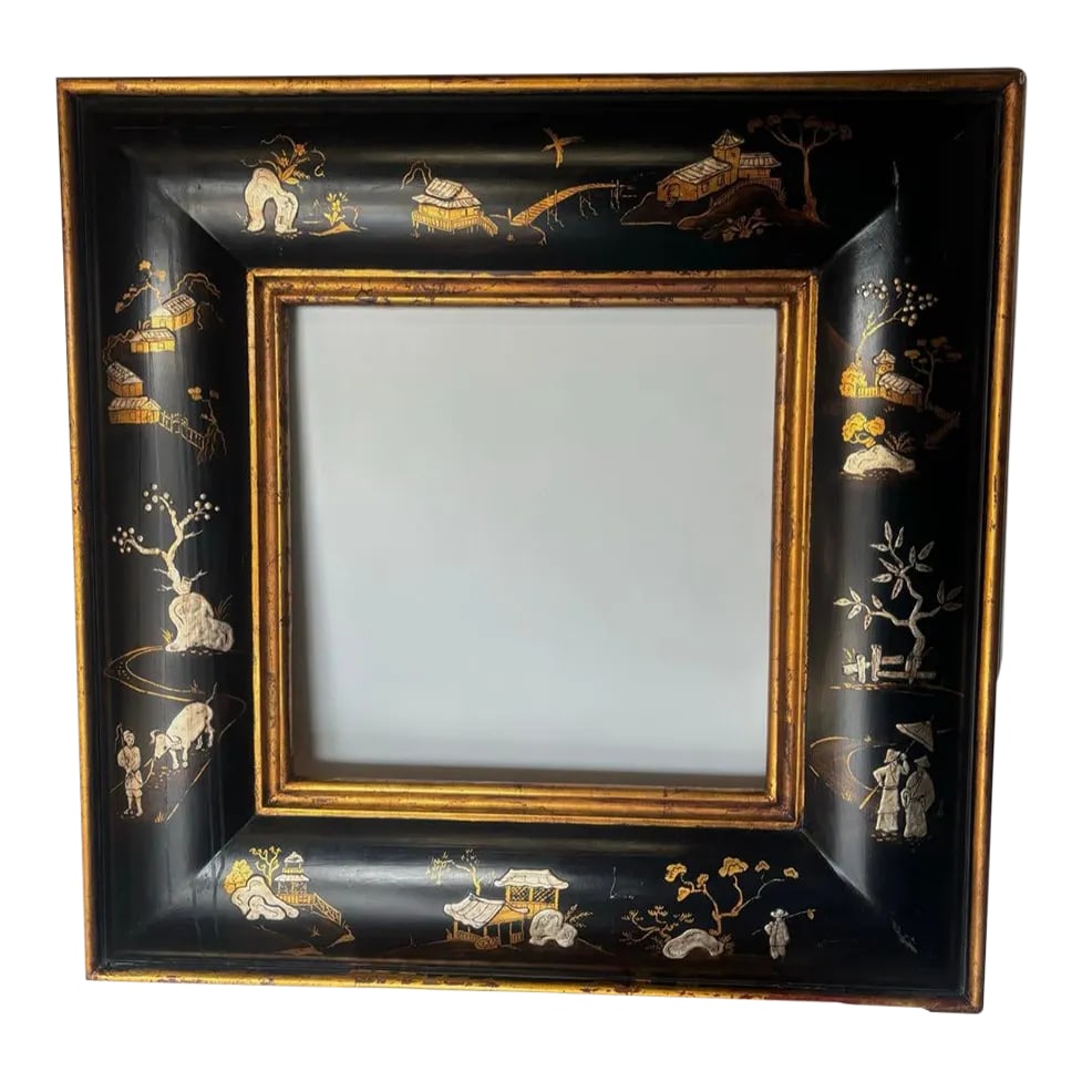 Black Chinoiserie Square Frame: Our large, square black Chinoiserie frame was handcrafted by Kipper in our shop. Design/style is originated from China. Absolutely stunning hand painted figures of a traditional serene garden motif