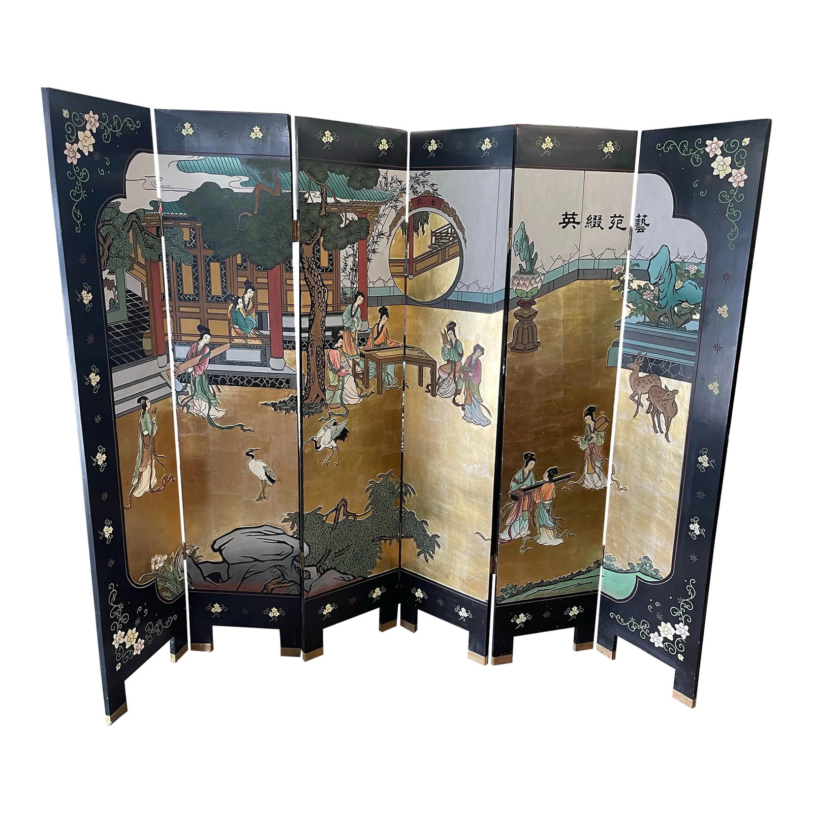 Chinese Coromandel Screen 6 Panel Room Divider: This Chinese Coromandel Screen is a vintage piece that comes with 6 panels. The primary material used in constructing this screen is wood and it features a multi-color design that is both intricate