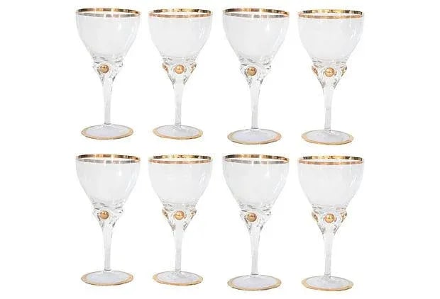 Gold Rimmed Wine Glasses - Set of 8: Set of eight wine glasses accented with 24K gold around the rims and bases. Detailed with three gold painted balls at the top of the stem. Condition: Alterations: Original Condition Unaltered
