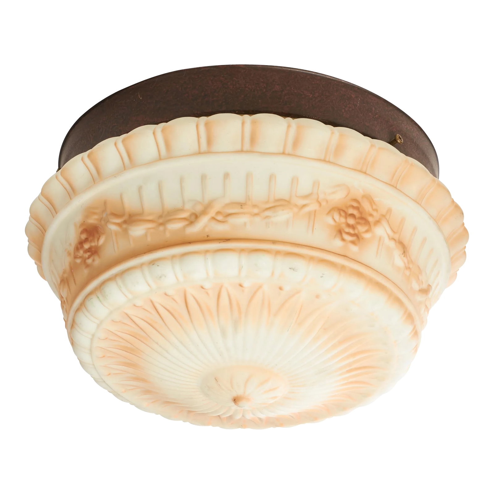 Vintage Country Style Flush Mount Ceiling Light: Nice warm colors and country floral motif. Perfect for the cabin or ranch kitchen. Condition: Alterations: Original Condition Unaltered Imperfections: Some Imperfections Condition Notes: Excellent