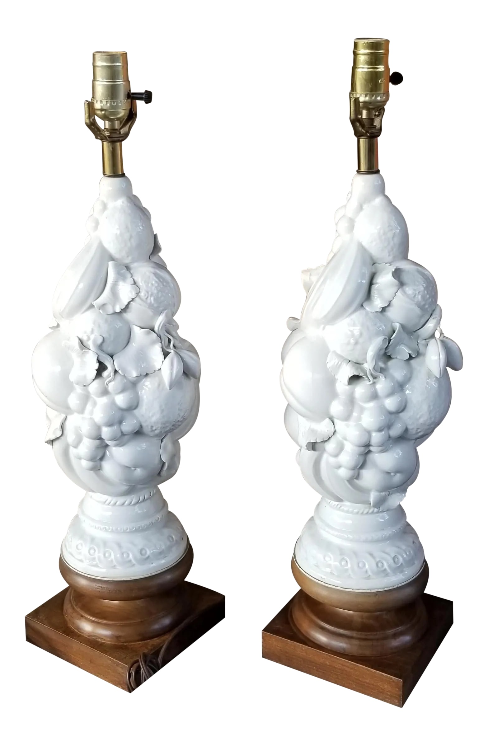 1960s Italian Blanc De Chine Fruits Topiary Table Lamps - a Pair: Rare Pair of Mid Century Italian White Porcelain Lamps on Cherry Wood Pedestal Highly Decorated with a variety of Fruits in an Elegant Form Condition: Alterations: Original Condition Unaltered Imperfe