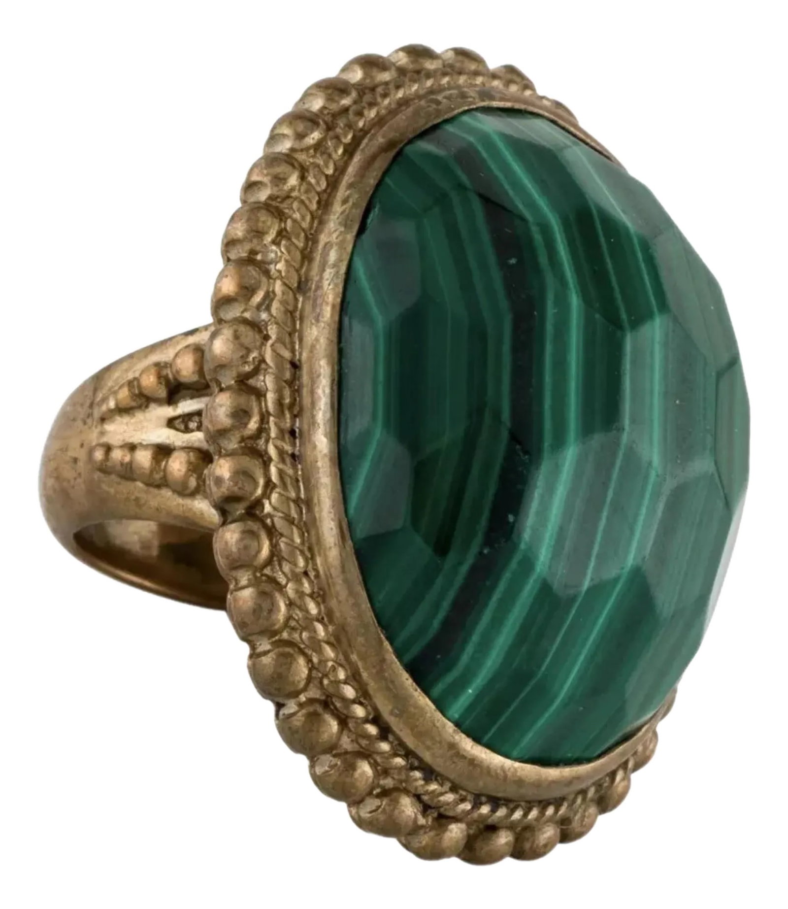 Early 21st Century Stephen Dweck Ring Malachite Bronze Gold Plated Cocktail Statement Size 6.75: This cocktail ring is designed by Stephen Dweck and boasts a stunning setting of a large green faceted malachite for a covetable flash of glamour. Size 6.75 Adjustable Oval-shaped faceted malachite