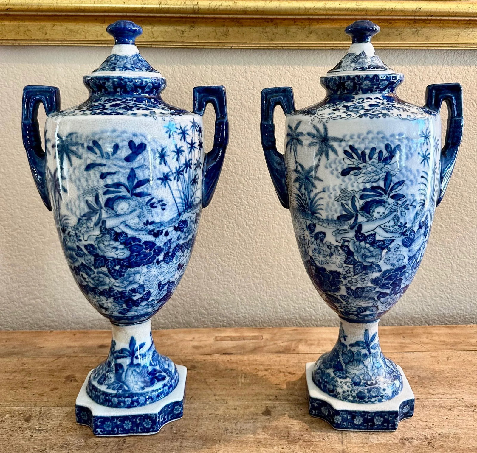 Vintage Pair of Chinoiserie Blue & White Craquelure Porcelain Lidded Amphora Urn Vases - 2