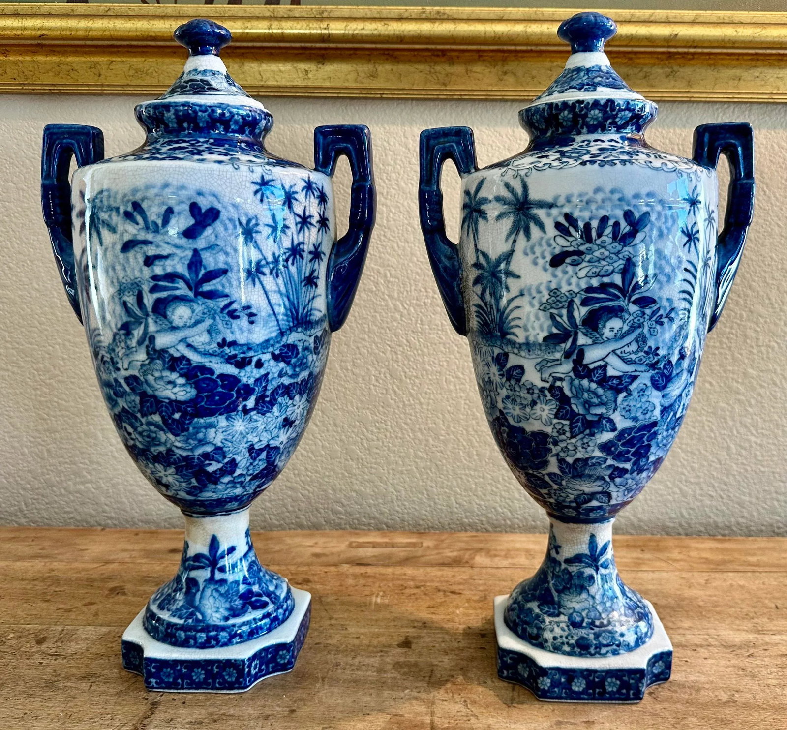 Vintage Pair of Chinoiserie Blue & White Craquelure Porcelain Lidded Amphora Urn Vases - 3