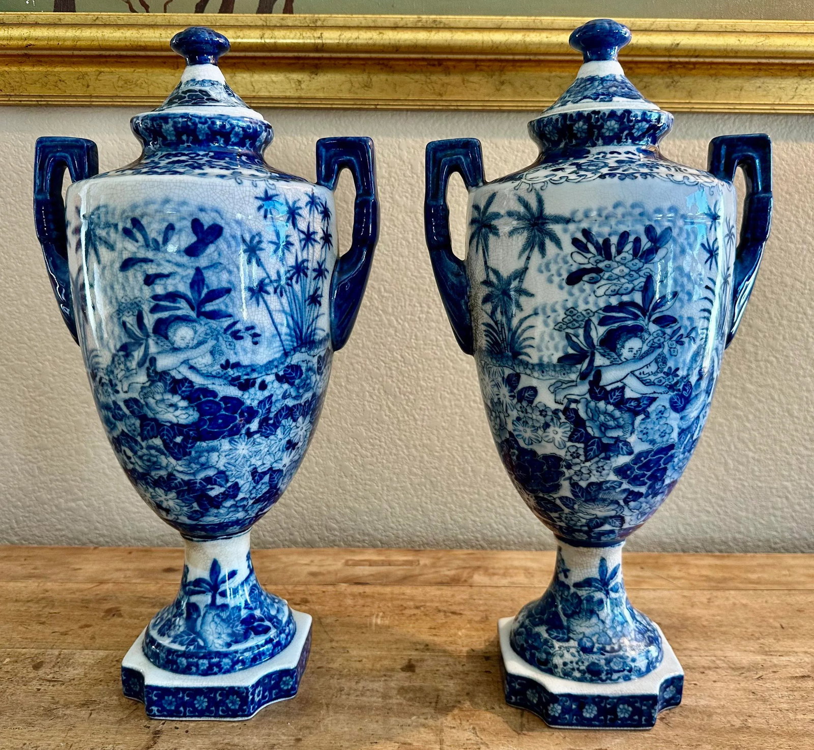Vintage Pair of Chinoiserie Blue & White Craquelure Porcelain Lidded Amphora Urn Vases - 4