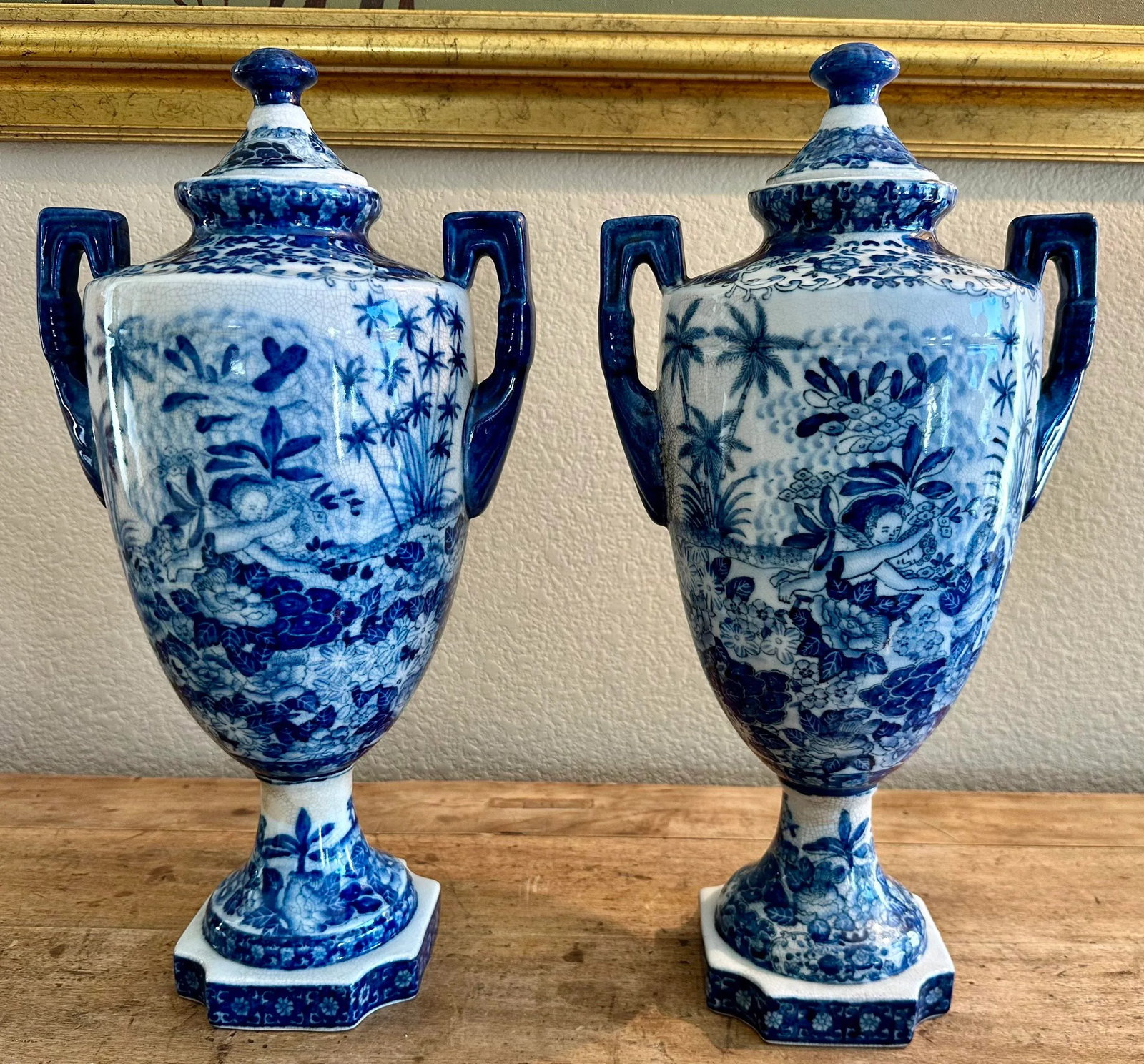 Vintage Pair of Chinoiserie Blue & White Craquelure Porcelain Lidded Amphora Urn Vases - 9