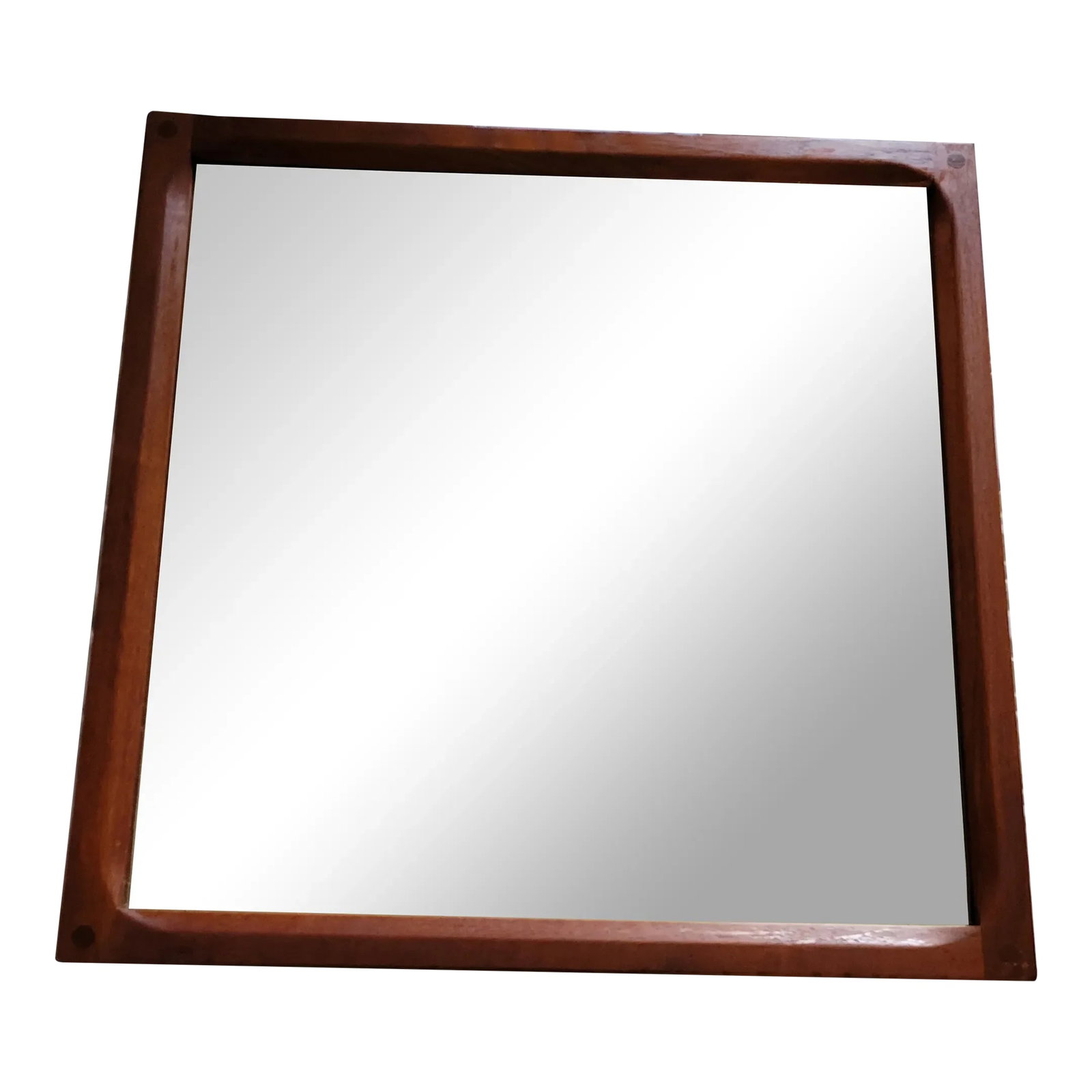 1960s Danish Modern #162 Teak Mirror by Aksel Kjersgaard: Beautiful Teak Mirror issued by Aksel Kjersgaard Odder. Model No. 162. Features solid teak frame with beveled inside edges. Rare square shape with hanging hardware already installed. Clearing marked