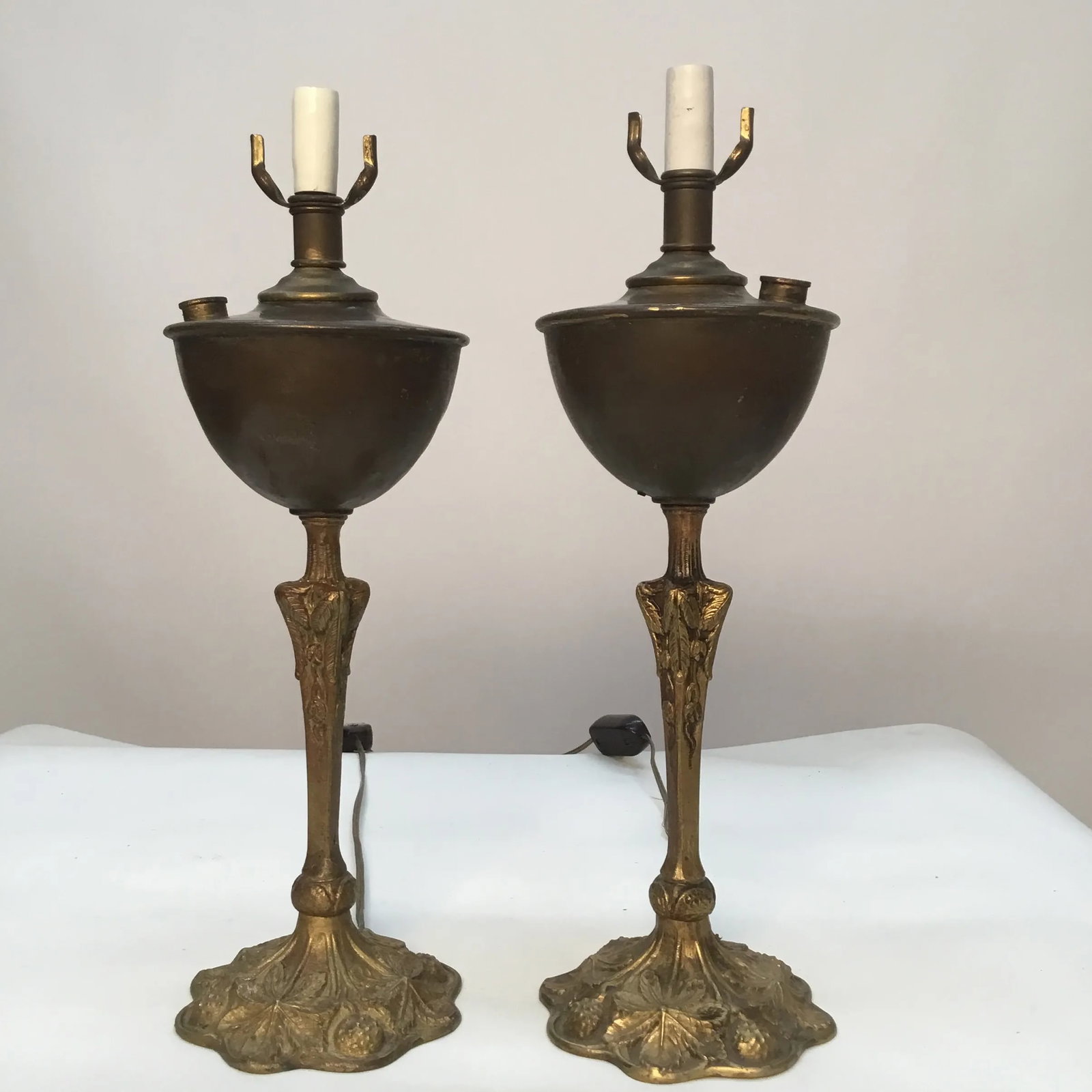 Antique French Art Nouveau Gilt Bronze and Brass Table Lamps - a Pair - 13