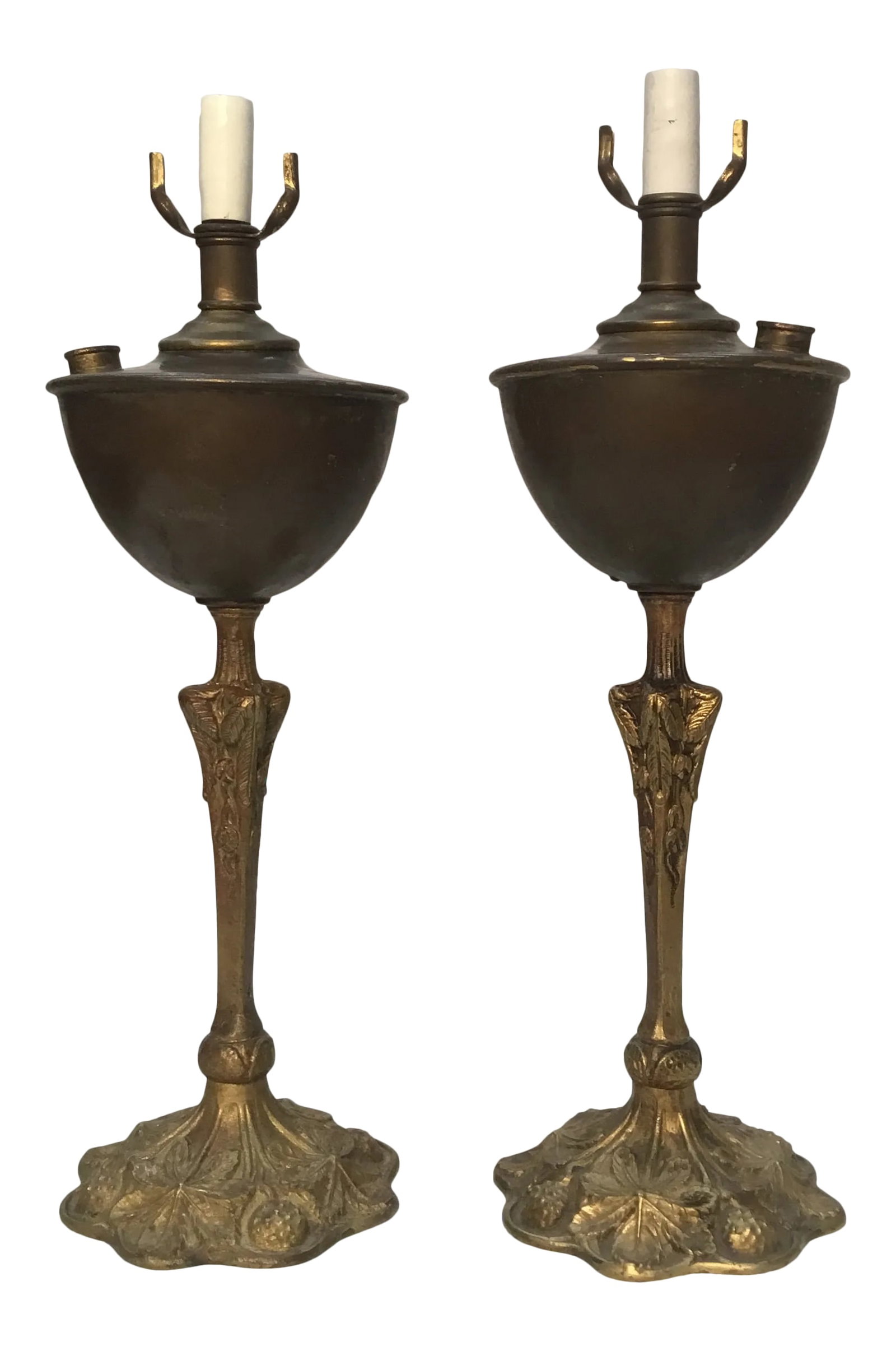 Antique French Art Nouveau Gilt Bronze and Brass Table Lamps - a Pair: Pair of elegantart nouveau period table lamps. Oil lamps originally electrified in 1940s-50s. bronze bases with chestnut motif and remains of original gilding. Brass oil reservoir top can be polished 