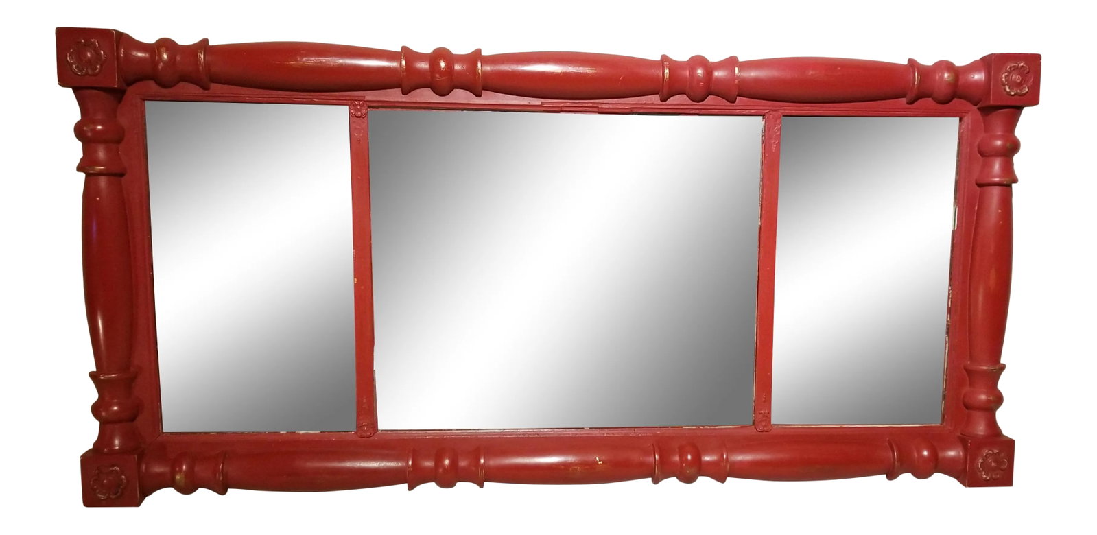 Federal Style Red Painted Mirror: Federal gold gesso on solid wood mirror with distressed mirror glass. It has been painted a terrific red with gold accents rubbed through. Can be hung vertically or horizontally Condition: