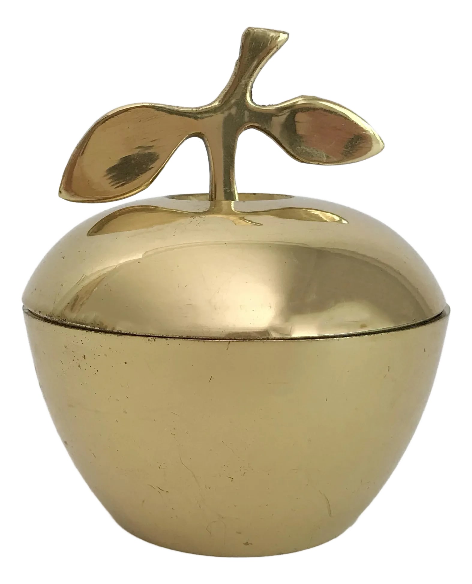 Vintage MCM Brass Apple Lidded Jar With Leaf Stem Handle: Vintage Mid Century Modern brass apple jar with lid featuring leafed stem. Patina. Condition: Alterations: Original Condition Unaltered Imperfections: Some Imperfections Condition Notes: Patina.