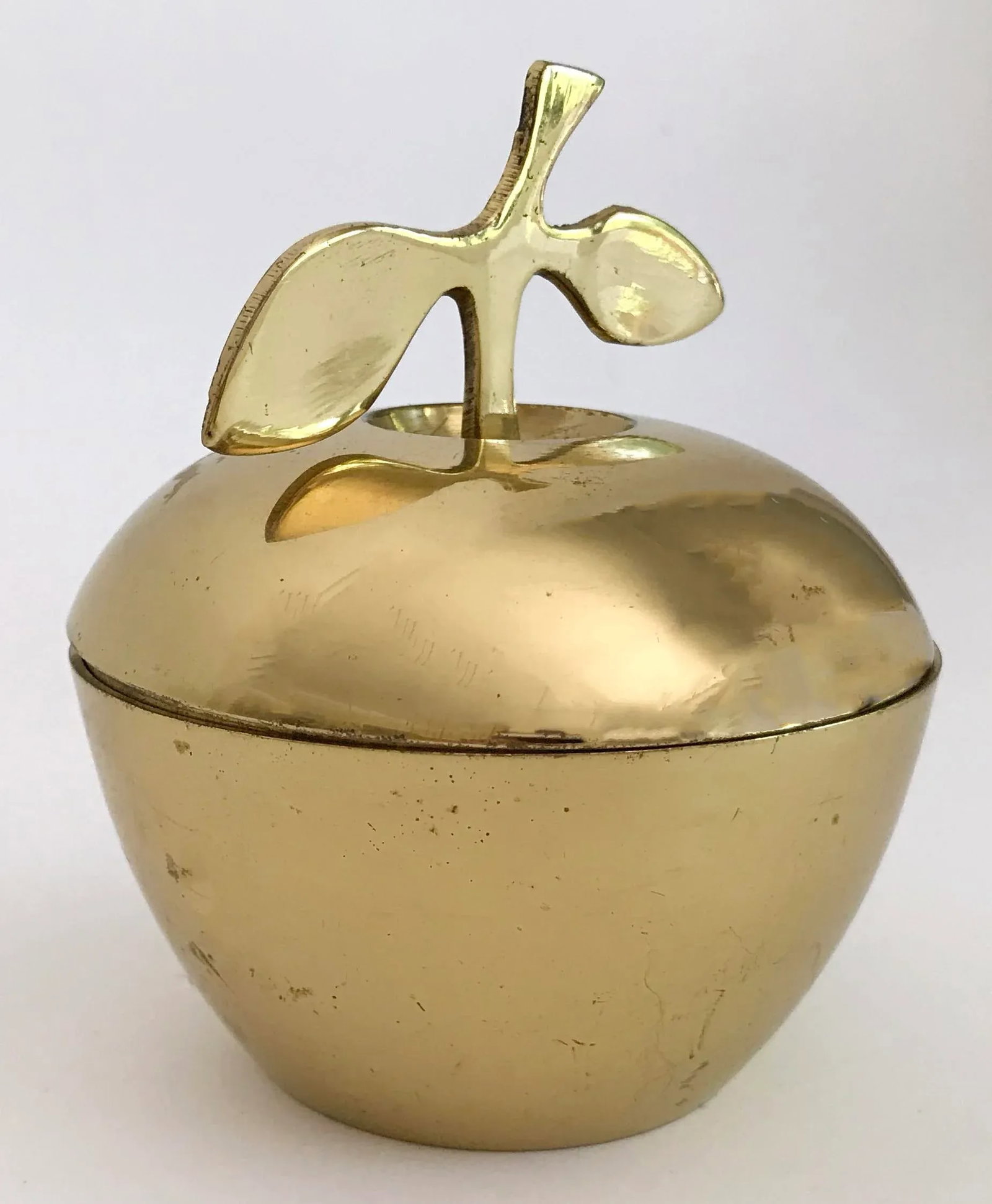 Vintage MCM Brass Apple Lidded Jar With Leaf Stem Handle - 2