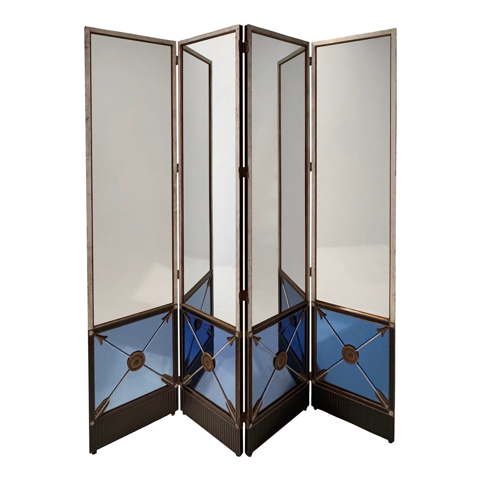 1930s Mirrored Art Deco Regency Folding Screen: A rare and visually commanding four-panel Art Deco folding screen, showcasing a sophisticated interplay of materials and geometry. The upper sections feature silver-mirrored panels framed in