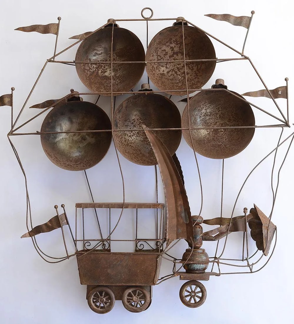 Vintage Copper Hot Air Balloon Flying Machine Wall Sculpture - 12
