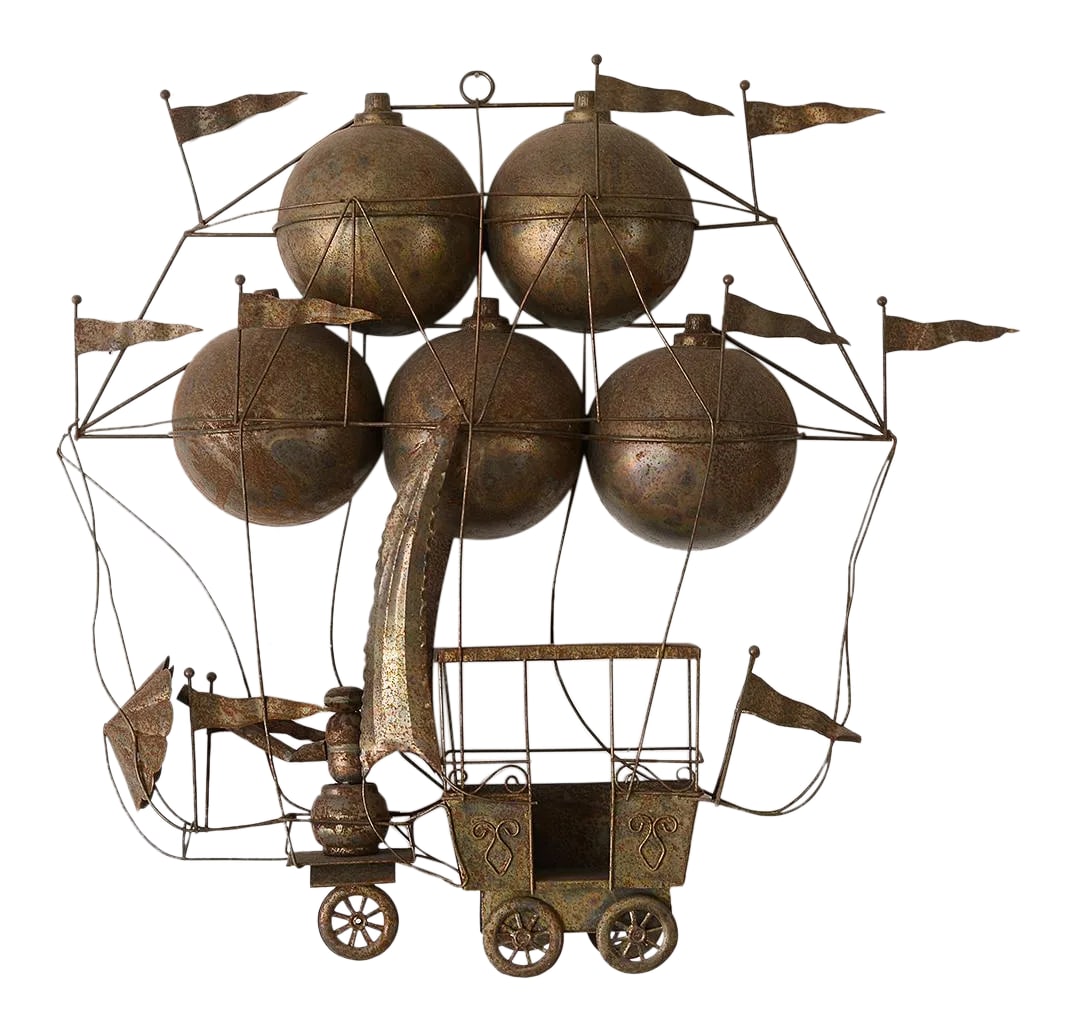 Vintage Copper Hot Air Balloon Flying Machine Wall Sculpture: Rare and unique vintage copper wall sculpture of an early model of an 18th-century French style hot air balloon flying machine. This incredible piece is full of steam punk charm that shows the