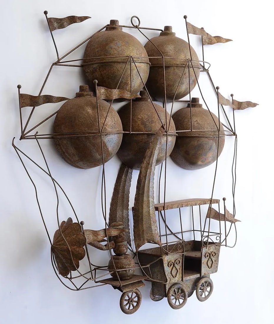 Vintage Copper Hot Air Balloon Flying Machine Wall Sculpture - 3