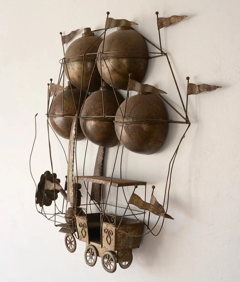 Vintage Copper Hot Air Balloon Flying Machine Wall Sculpture - 4