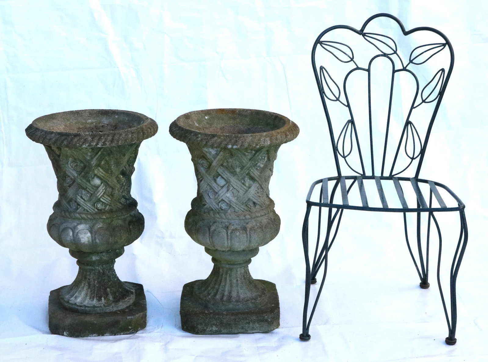 Vintage Large Concrete Garden Urns With Floral Rosetta Relief and Tudor Weave Design- A Pair - 11