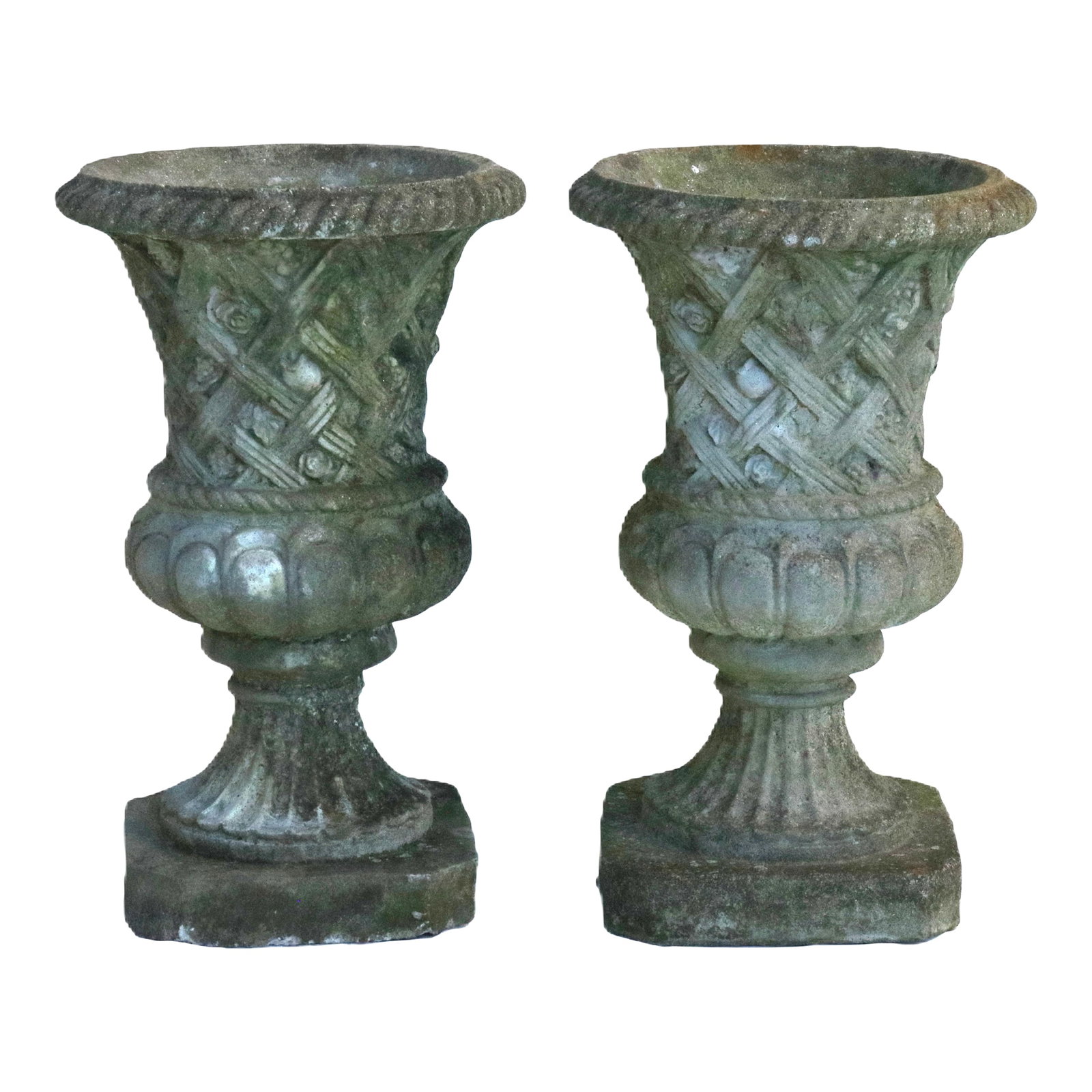 Vintage Large Concrete Garden Urns With Floral Rosetta Relief and Tudor Weave Design- A Pair: Fantastic garden urn planters made from concrete. These are heavy and solid. I love the floral and weave design. Impressive no matter where placed. Ideal for a front porch, rear deck, in the garden