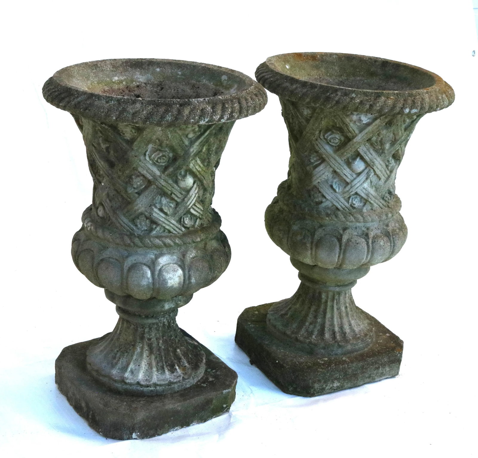 Vintage Large Concrete Garden Urns With Floral Rosetta Relief and Tudor Weave Design- A Pair - 2