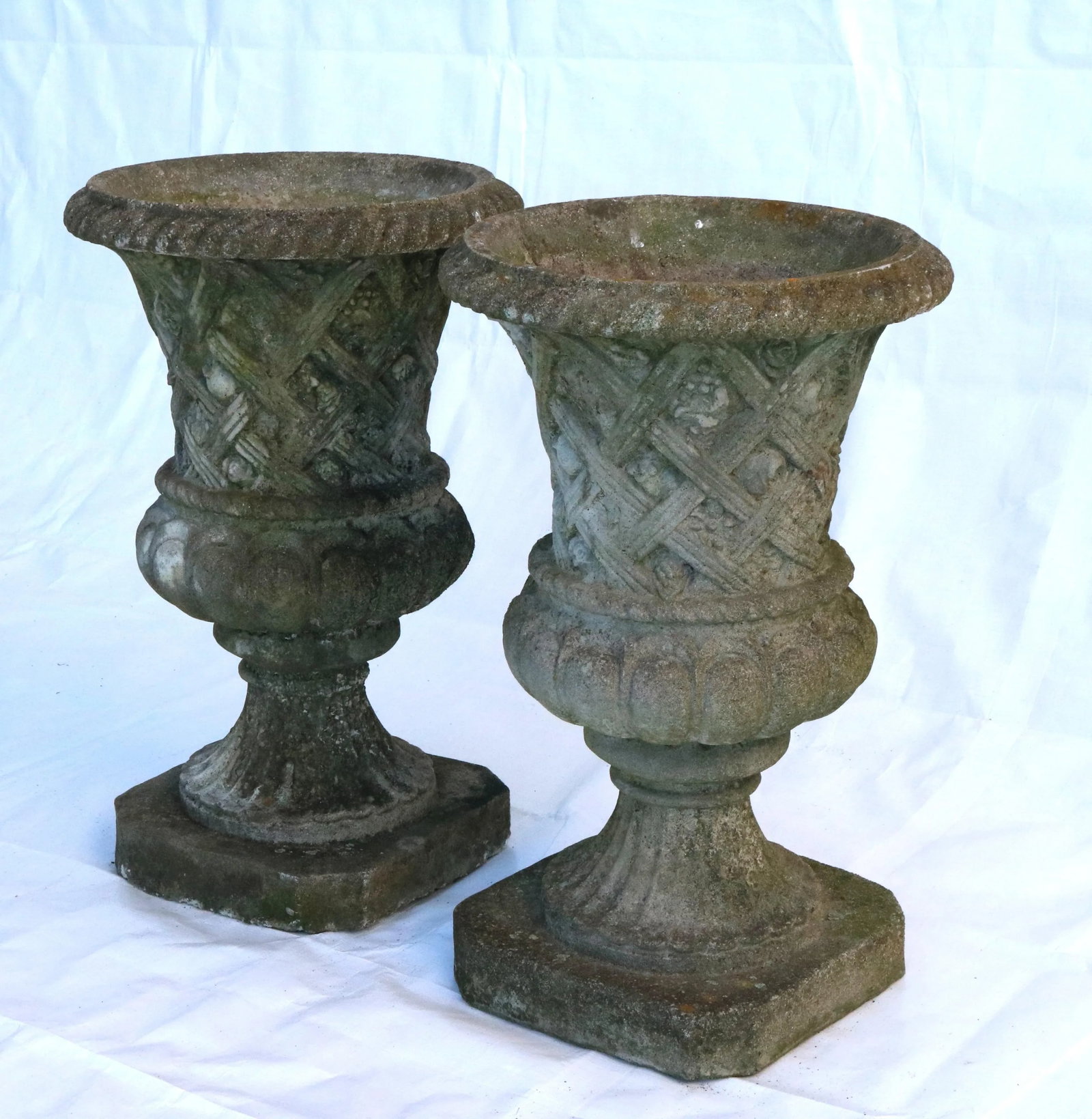 Vintage Large Concrete Garden Urns With Floral Rosetta Relief and Tudor Weave Design- A Pair - 4