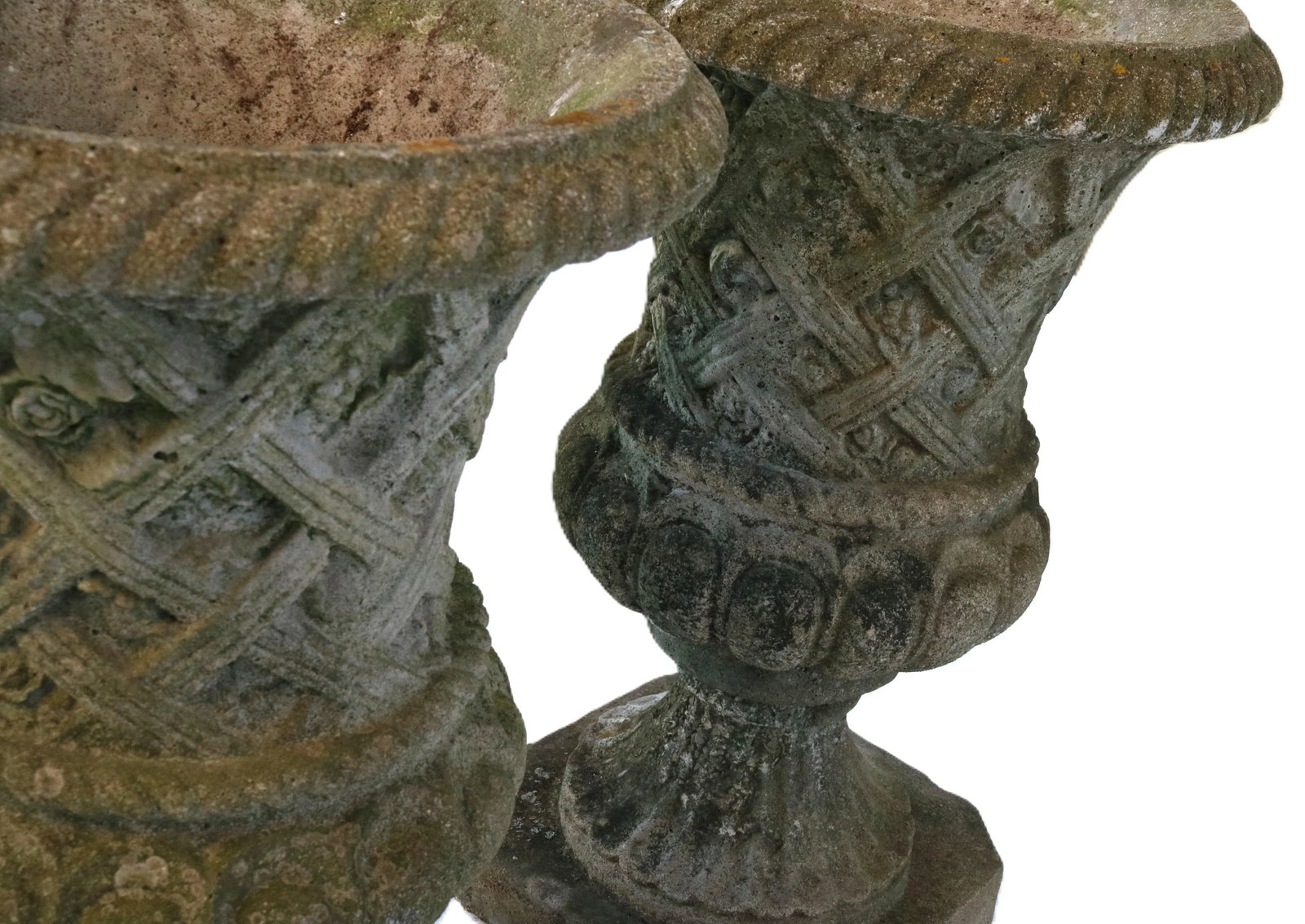 Vintage Large Concrete Garden Urns With Floral Rosetta Relief and Tudor Weave Design- A Pair - 5