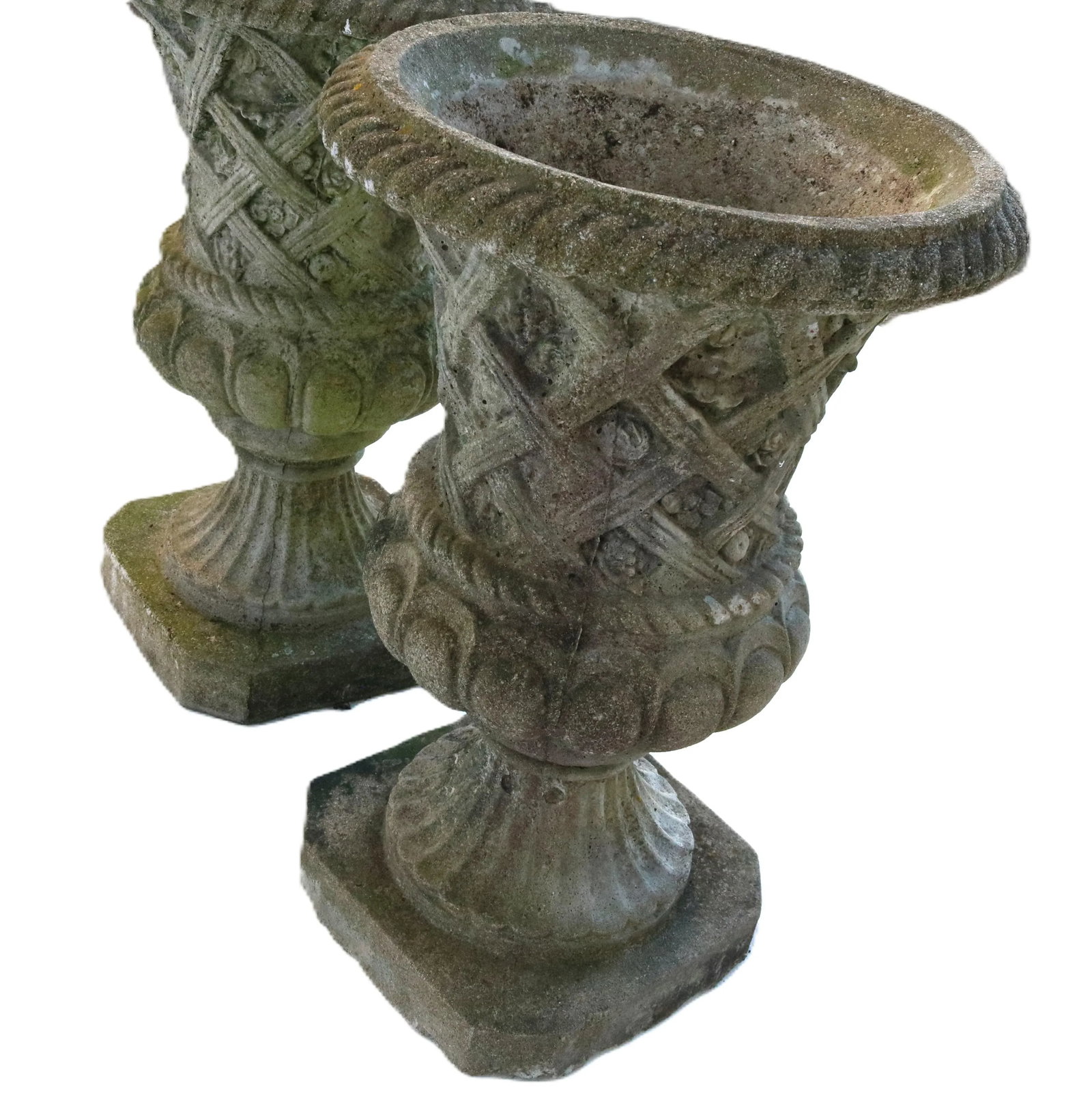 Vintage Large Concrete Garden Urns With Floral Rosetta Relief and Tudor Weave Design- A Pair - 6
