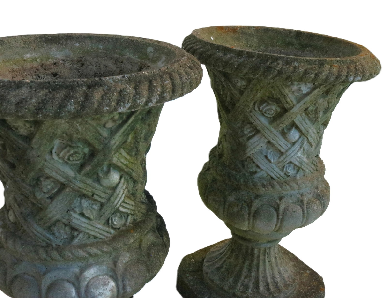 Vintage Large Concrete Garden Urns With Floral Rosetta Relief and Tudor Weave Design- A Pair - 8