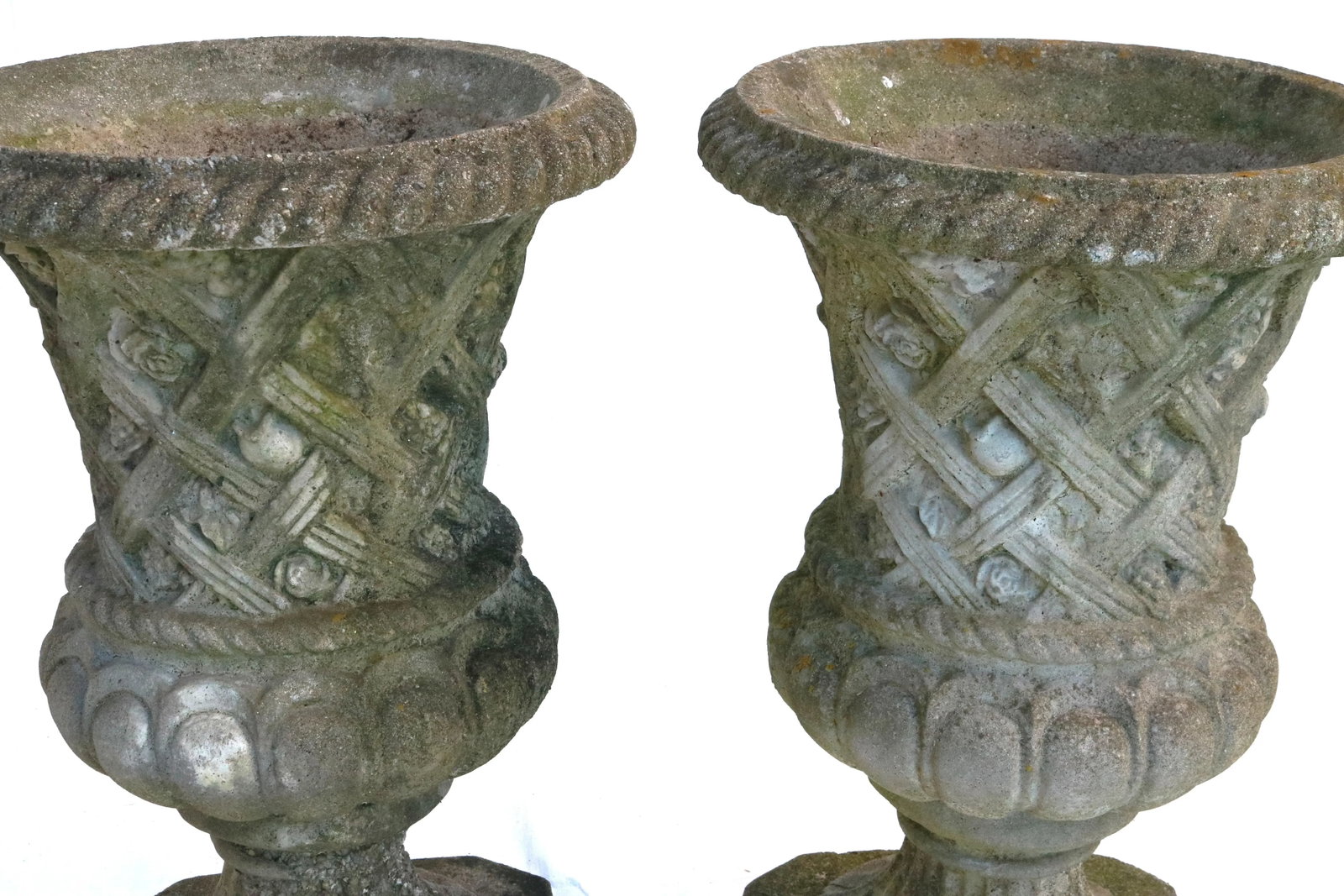 Vintage Large Concrete Garden Urns With Floral Rosetta Relief and Tudor Weave Design- A Pair - 9