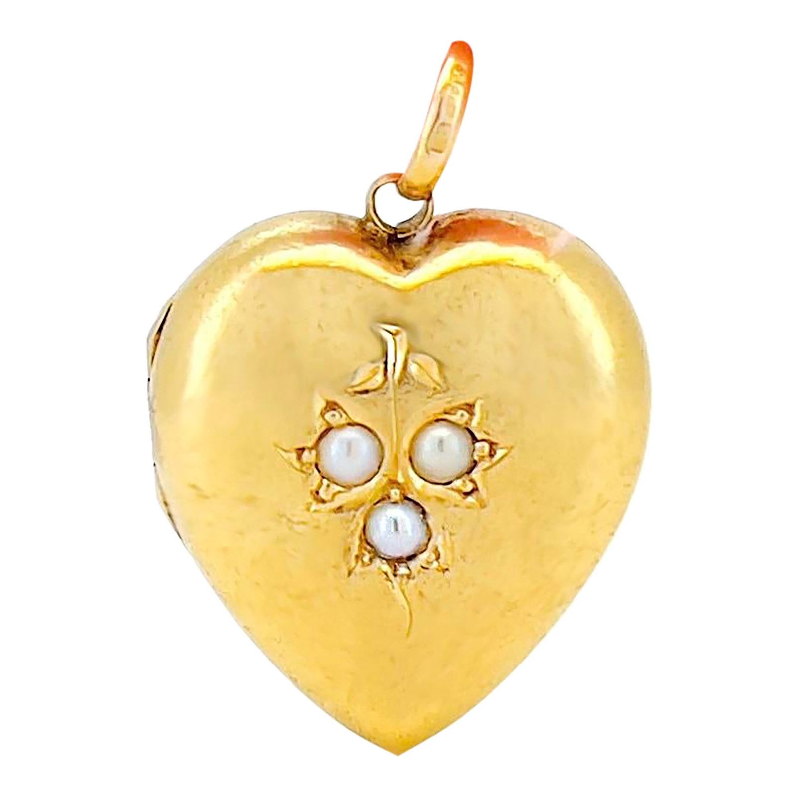 Edwardian 15k Pearl Heart Locket, Feb. 4th 1904: About This Locket: This Edwardian heart locket, inscribed February 4th, 1904, shines with a rich gold tone and is adorned with three pearls on the front, including one with a subtle bluish tint. The