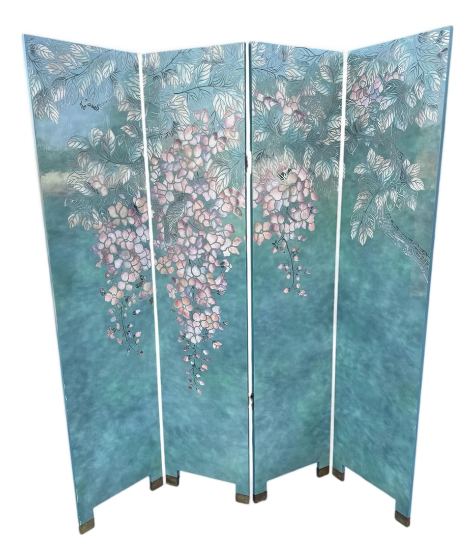 Mid 20th Century Chinoiserie Hand-Painted 4-Panel Screen With Blossoming Tree: A vibrant floral composition enlivens this four-panel folding screen, crafted in light jade green lacquer over wood. The design evokes a painterly botanical study, with a delicate flower tree