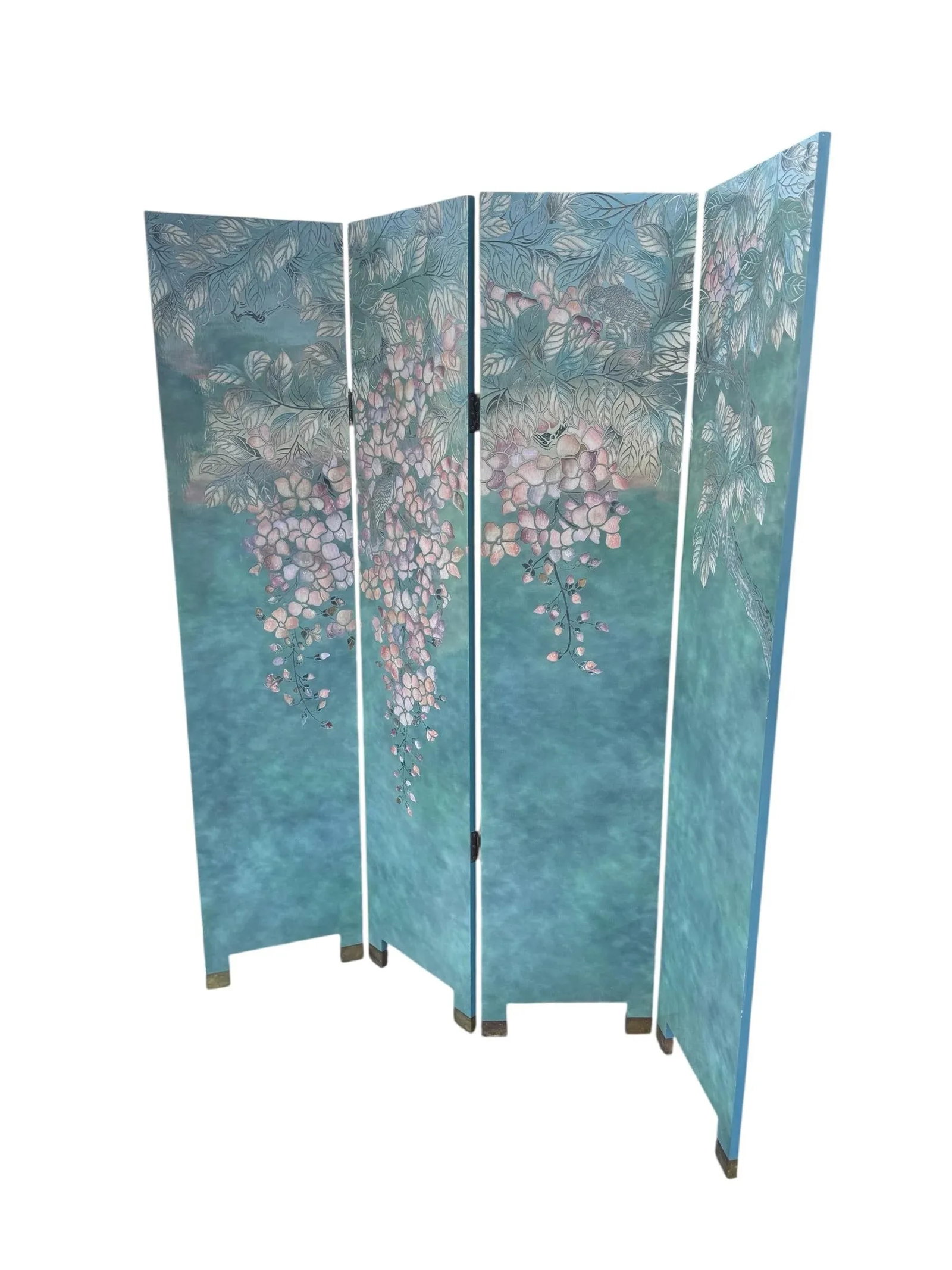 Mid 20th Century Chinoiserie Hand-Painted 4-Panel Screen With Blossoming Tree - 2