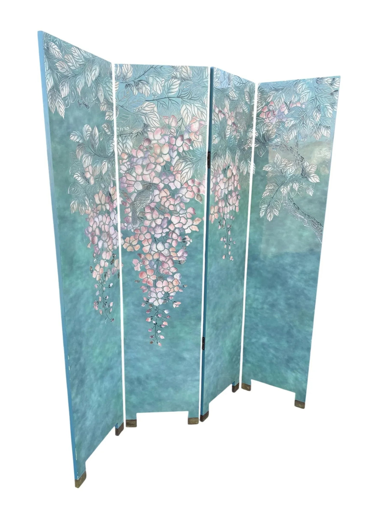 Mid 20th Century Chinoiserie Hand-Painted 4-Panel Screen With Blossoming Tree - 3
