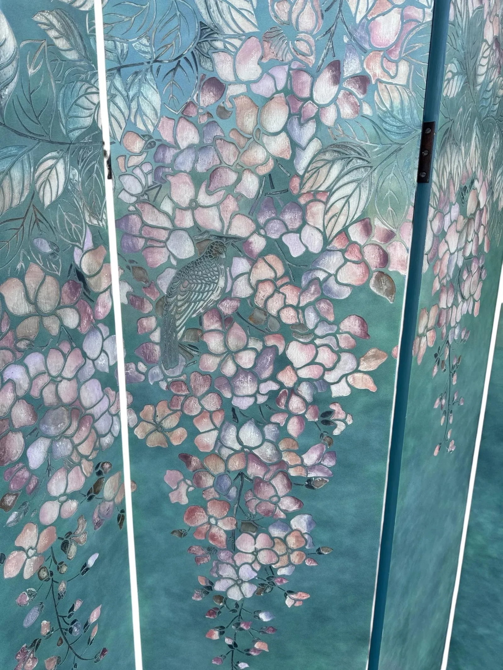 Mid 20th Century Chinoiserie Hand-Painted 4-Panel Screen With Blossoming Tree - 6