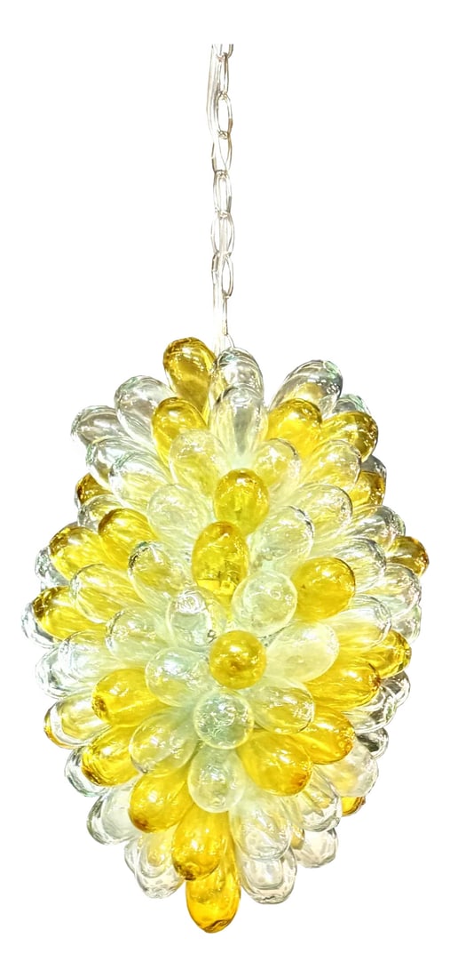 1990s Light Fixture Pendant of Recycled Handblown Glass: Modern sophisticated pendant of recycled hand blown glass. This beautiful combination of sculptural light fixture is composed of individual handblown balloon shaped pieces, individually attached to a