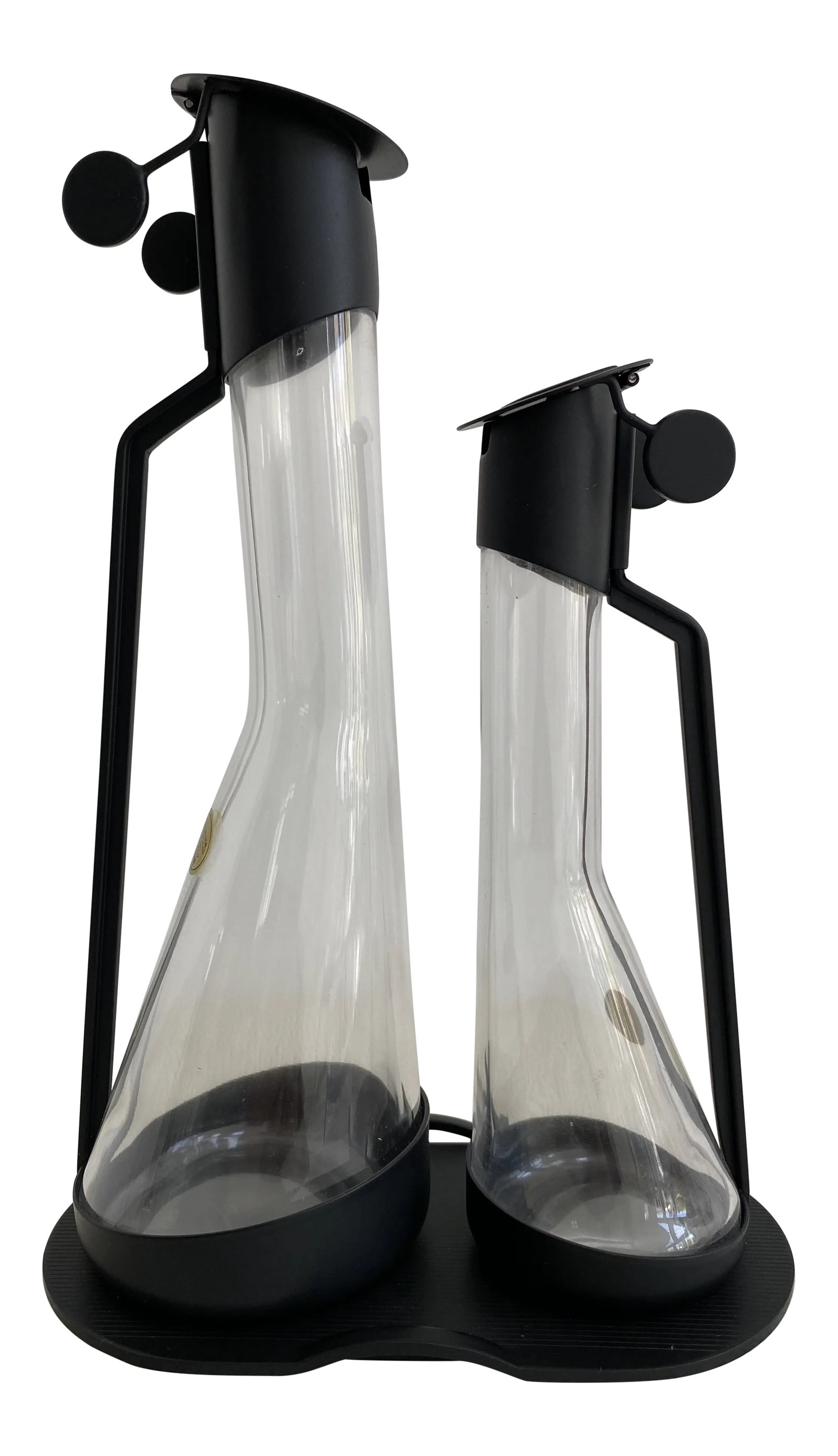 1980's Oil and Vinegar Cruet Set by Archille Castiglioni for Alessi - Set of 2: Alessi oil and vinegar cruet set designed by Archille Castiglioni in 1980 for Rossi and Arcandi Group for Cleto Munari, Licensed to Alessi in 1984. Very rare matt black surface finish. Tall cruet