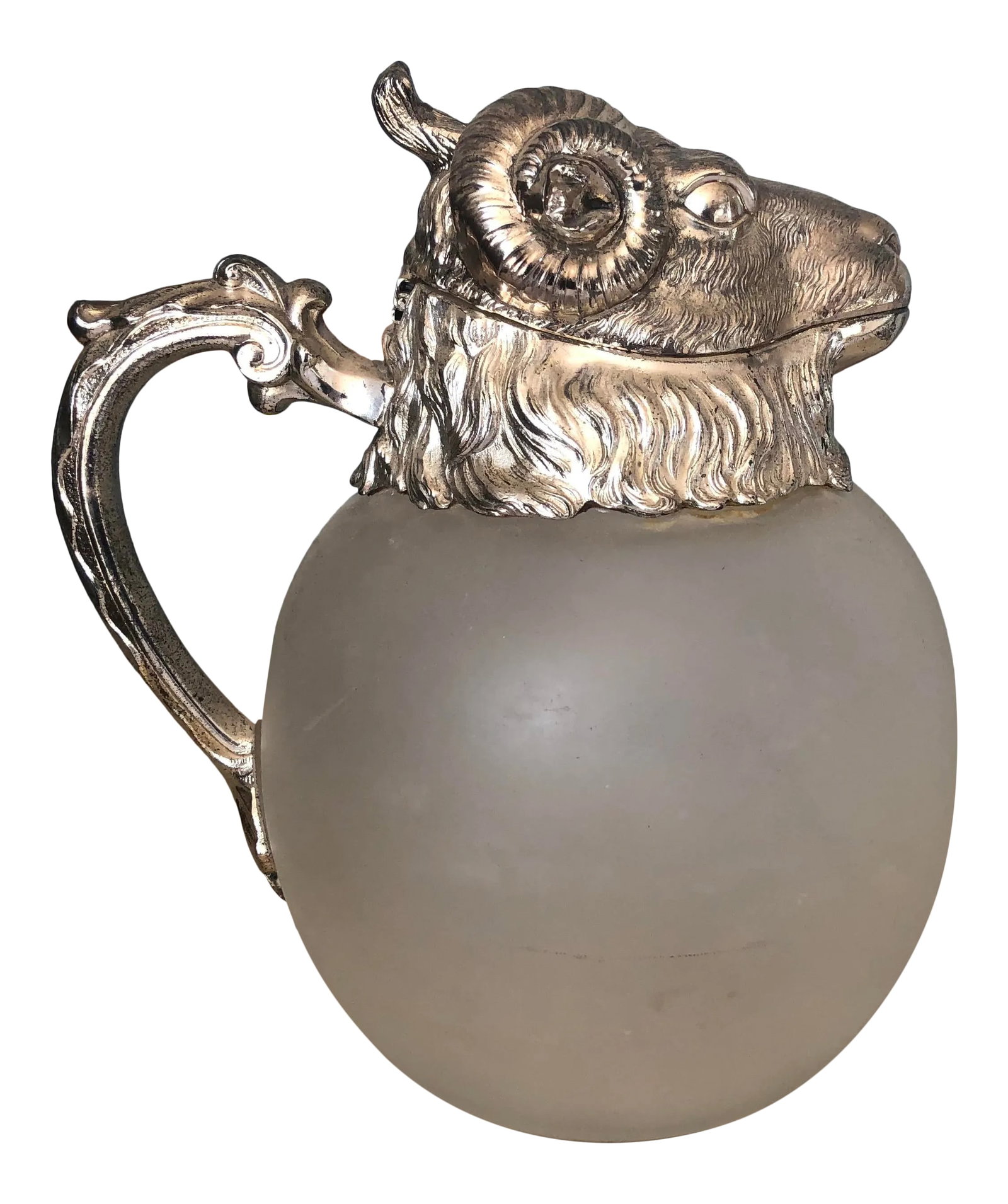 Vintage 1970s Silver-Plated Ram Pitcher: Vintage silver plated Ram's head, frosted glass pitcher. It is heavy and unmarked. No cracks no plating missing. Grand and very elegant. Thank you for looking at my listing. Condition: Alterations: