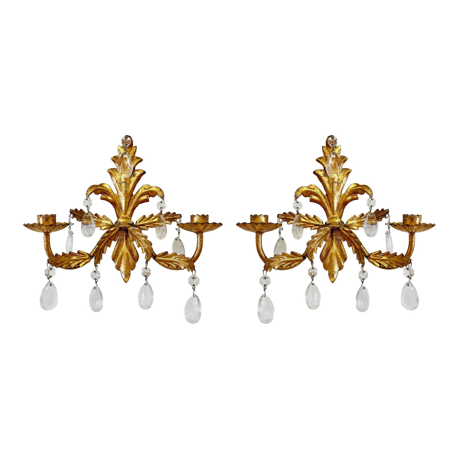 Vintage Hollywood Regency Style Italian Gilt Crystal Candle Wall Sconces, a Pair: Glamorous Hollywood Regency style pair of vintage Italian gilt metal sconces with crystals. Each sconce features a myriad of hanging crystals and holds two taper candlesticks. Age wear. Hole for