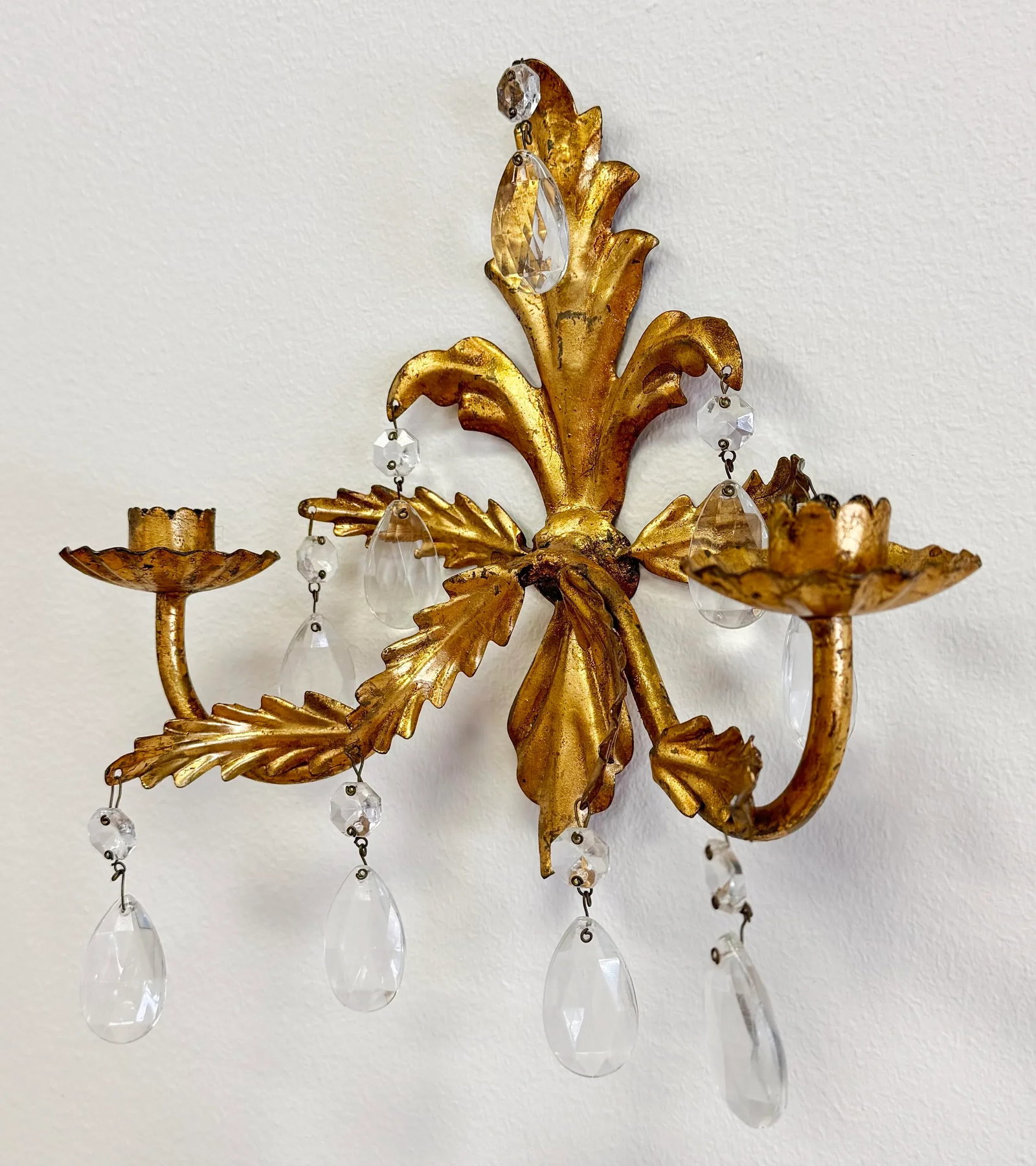 Vintage Hollywood Regency Style Italian Gilt Crystal Candle Wall Sconces, a Pair - 2