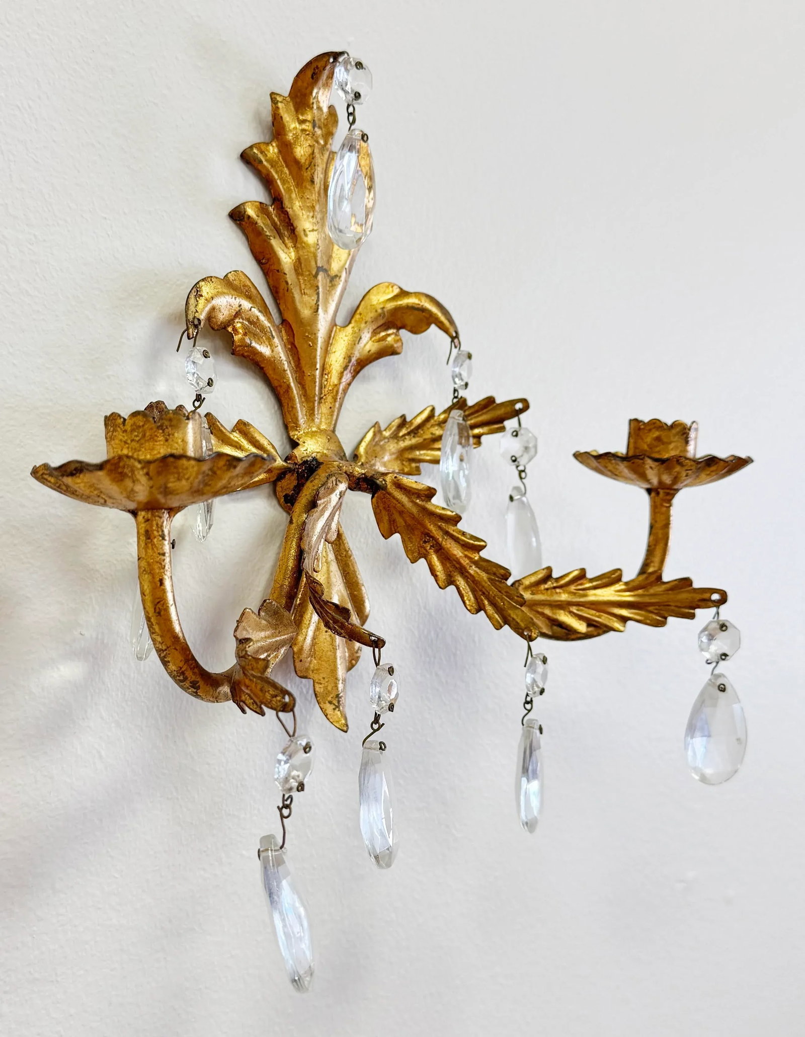 Vintage Hollywood Regency Style Italian Gilt Crystal Candle Wall Sconces, a Pair - 3