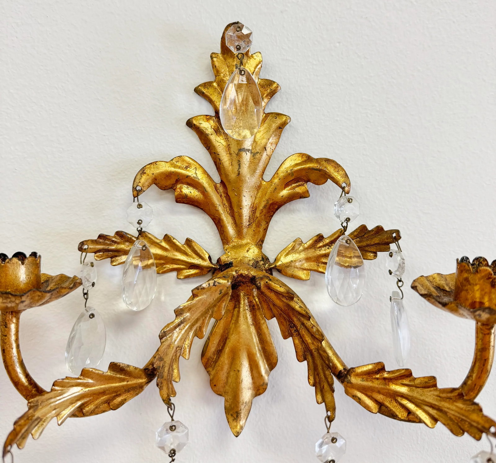 Vintage Hollywood Regency Style Italian Gilt Crystal Candle Wall Sconces, a Pair - 4