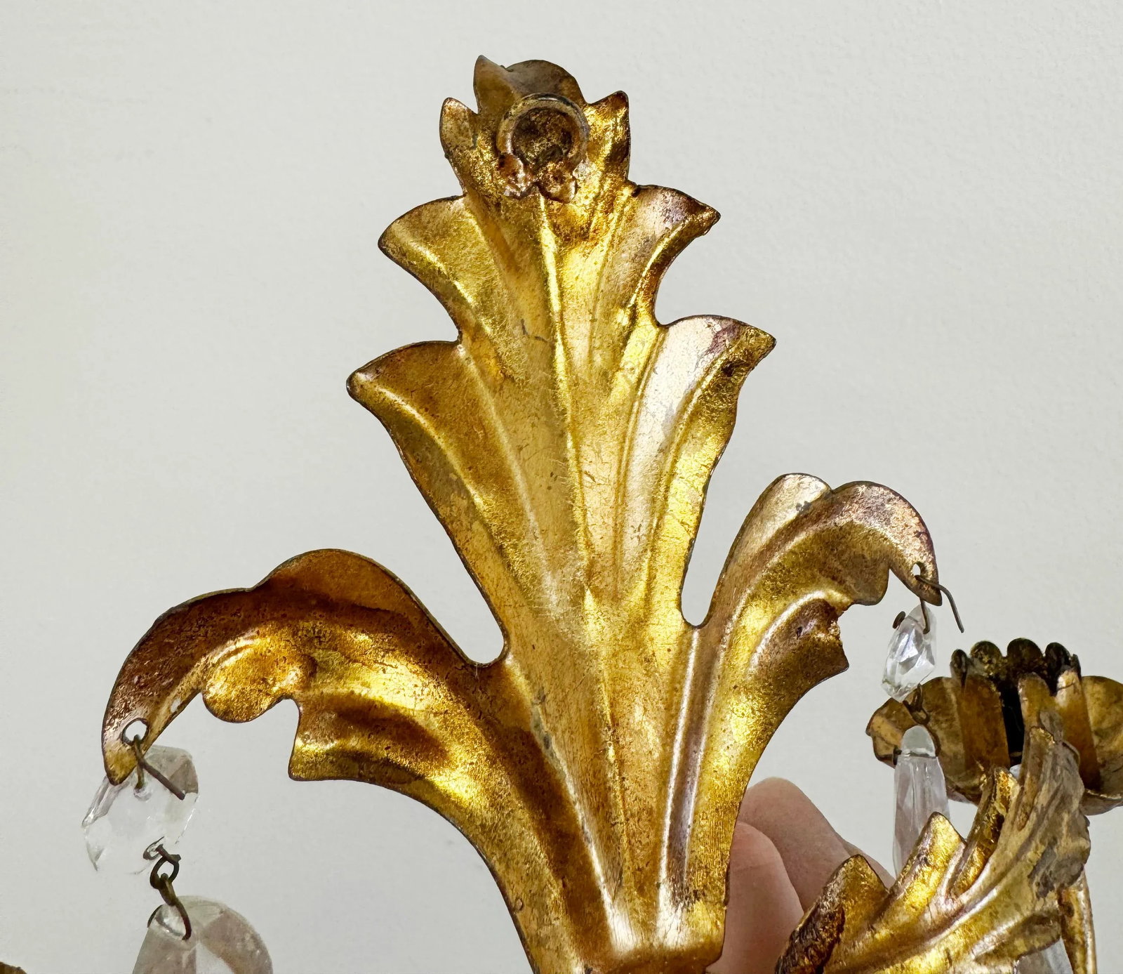 Vintage Hollywood Regency Style Italian Gilt Crystal Candle Wall Sconces, a Pair - 5
