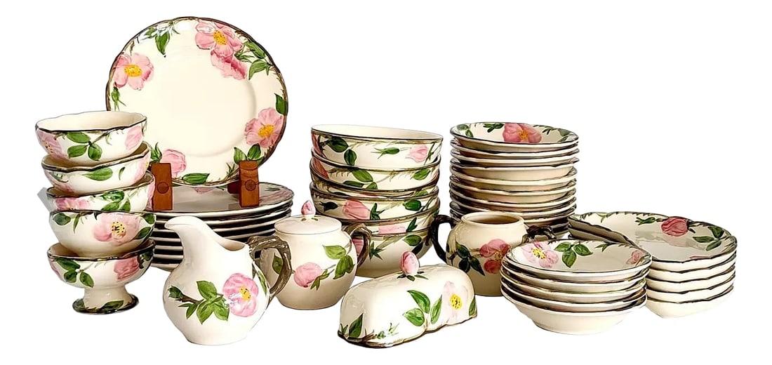 Mid 20th Century Franciscan Desert Rose Dinnerware - 44 Pieces: Offered is a set of 44 ceramic dinnerware pieces in the iconic Desert Rose pattern from Franciscan Earthenware. Franciscan Pottery dates back to 1934 in Los Angeles, California when Gladding, McBean &