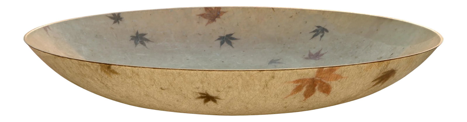 Large 1950s Mid Century Kimball Fiberglass Serving Bowl: Rare massive fiberglass serving bowl by Kimball from the 1950s. Beautiful details of red and green Japanese maple leaves with very visible fiberglass threads. Bowl retains original Kimball's tag on