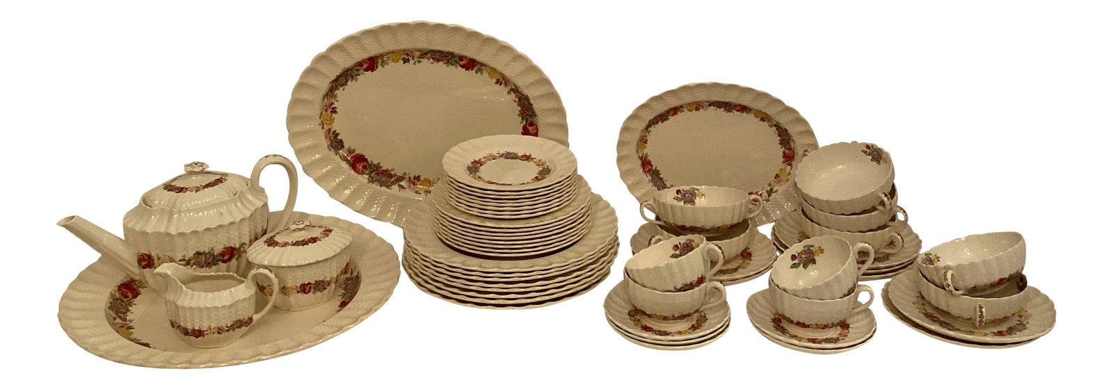1940s Copeland Spode Made in England "Rose Briar" Set for 8 - 56 Pieces: Set of 8 Copeland Spode made in England. Some pieces back stamp shows made in Great Britain. 8 dinner plates, 4 cups and Saucers, 7 cream soap bowls and plates, 8 salad plates, 8 bread and butter