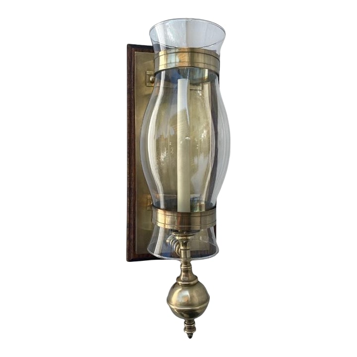 Vintage Mid Century Brass Hurricane Candle Wall Sconce With Wooden Wall Mount With Brass Plate.: Vintage Mid Century Brass Hurricane Candle Wall Sconce with Brass and Wood Wall Mount. The sconce is in excellent condition. Condition: Alterations: Original Condition Unaltered Imperfections: Some