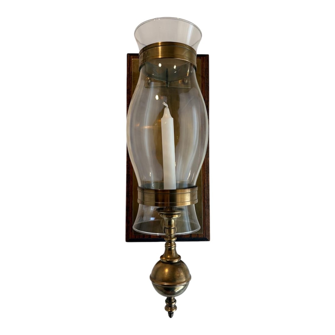 Vintage Mid Century Brass Hurricane Candle Wall Sconce With Wooden Wall Mount With Brass Plate. - 4