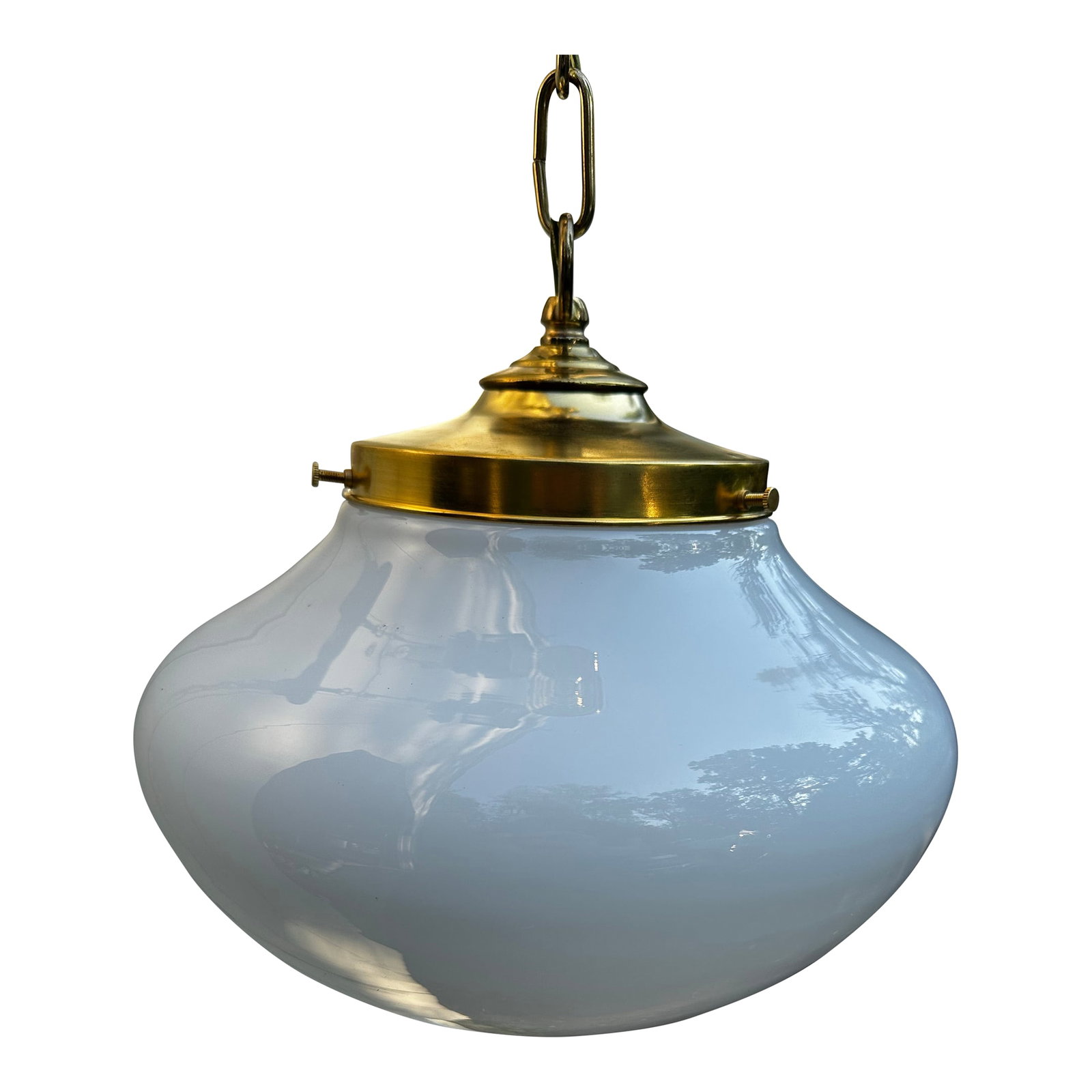 Vintage School House Globe With Brass Fixture: Old Lights On is pleased to offer this vintage school house globe with brass hanging fixture. It is wired and ready to install. We ship everywhere. Globe has unusual shape. Follow us here for more
