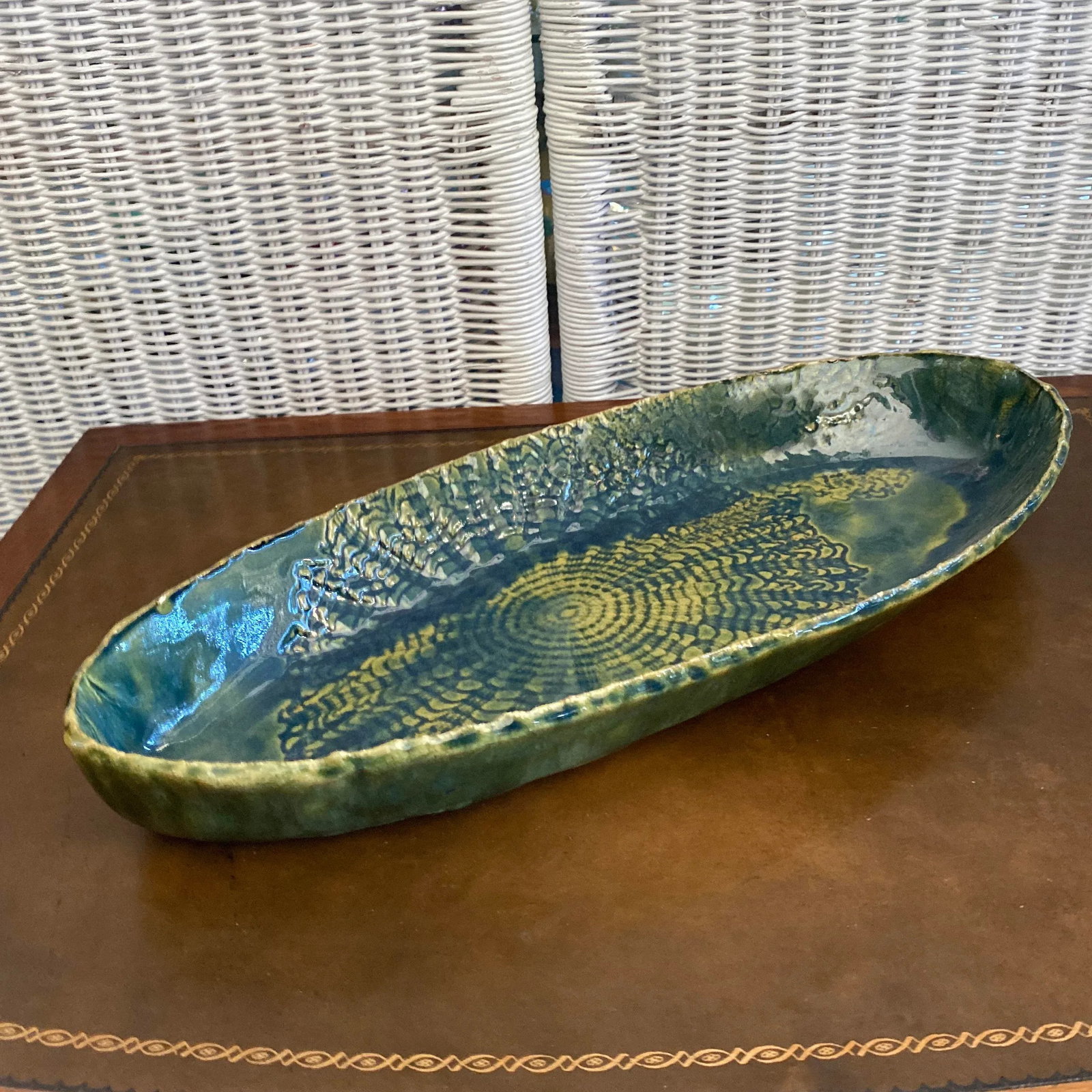 Vintage Blue and Green Serving Bowl - Folk Art Pottery - 10